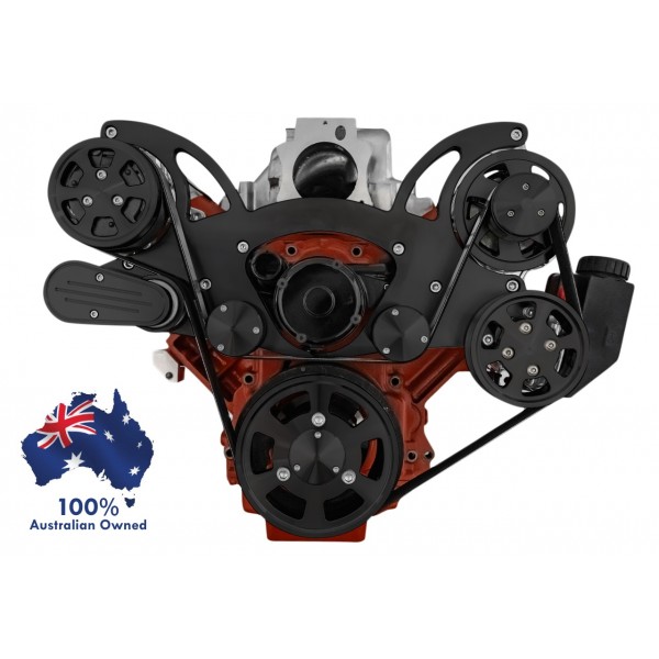 GM HOLDEN CHEVY LS 1,2,3 AND 6 ENGINE SERPENTINE KIT - AC AIR COMPRESSOR, ALTERNATOR & POWER STEERING PULLEY AND BRACKETS BLACK FINISH SUIT ELECTRIC WATER PUMP MID MOUNT